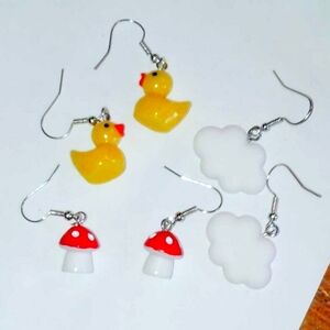 Kids Fun Slide On Pierced Earrings Set - Yellow Duck, Red Mushroom, White Cloud